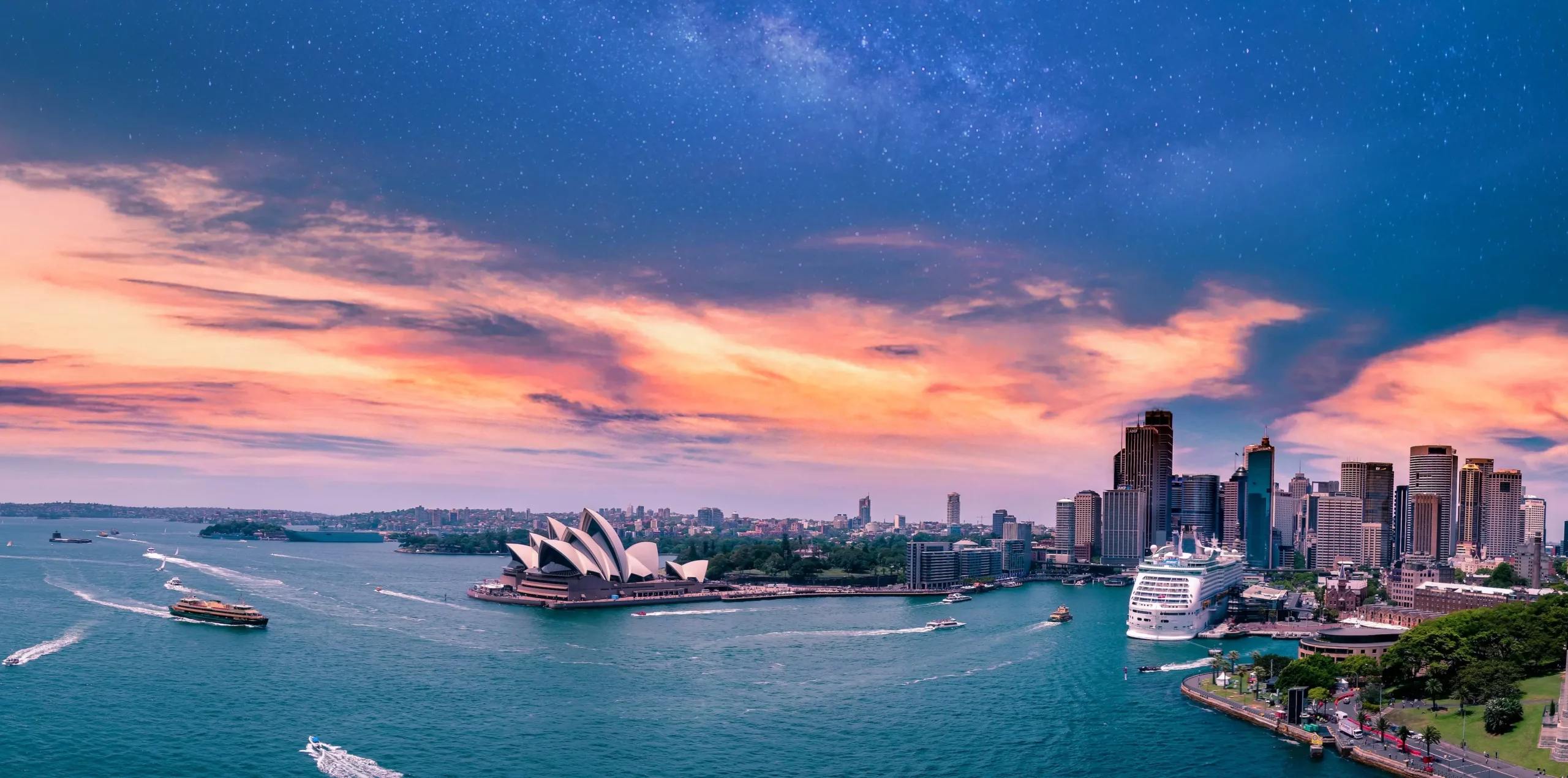 Sydney harbour from the Bridge - showing the Opera House and city