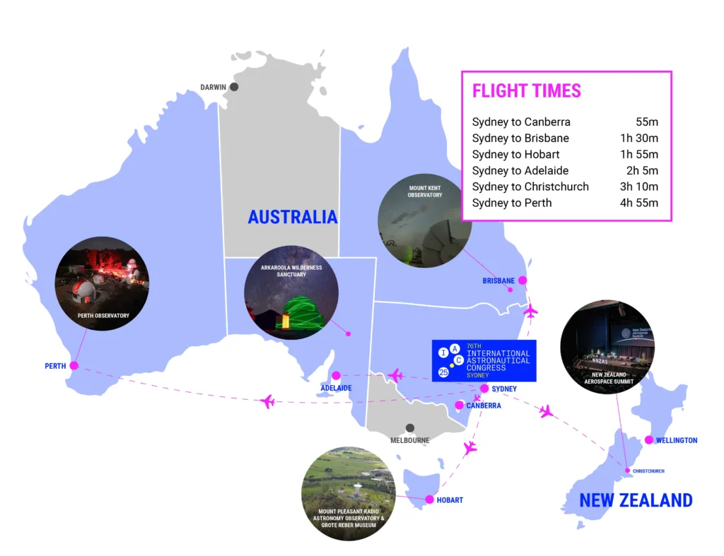 Map view of Australia and New Zealand with Technical Tours available